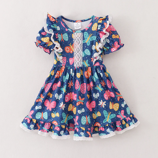 (Custom Design Preorder MOQ 5) Butterfly Print Girls Knee Length Summer Dress