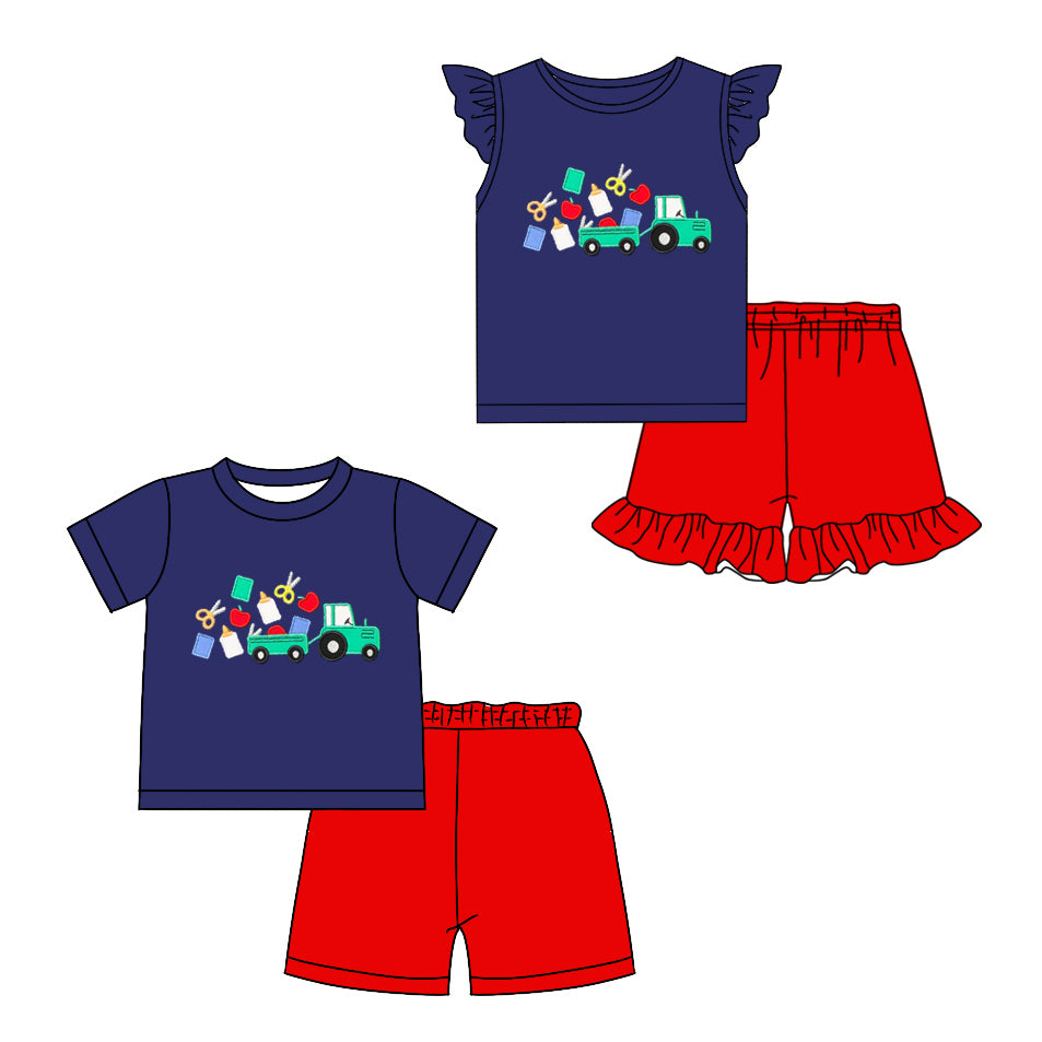 1.6(Custom Design Preorder MOQ 5 Each Design) Truck Navy Top Red Shorts Kids Back to School Matching Clothes Sibling Wear
