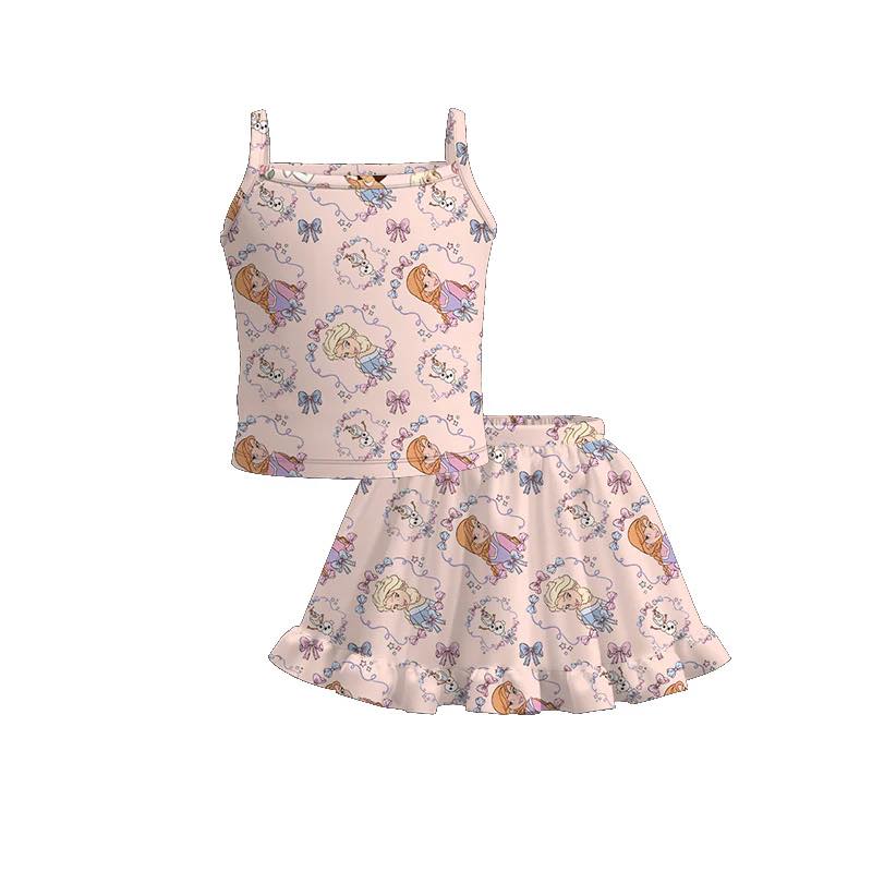 (Custom Design Preorder MOQ 5) Cartoon Princess Bows Top Skirts Girls Summer Clothes Set
