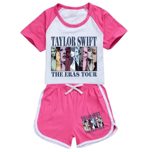 (Custom Design Preorder MOQ 5) Singer Swiftie Hot Pink Print Girls Summer Clothes Set