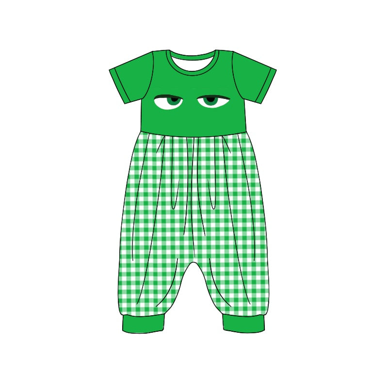 (Custom Design Preorder MOQ 5) Cartoon Figure Inside Out Green Plaid Print Girls Jumpsuits Baby Romper