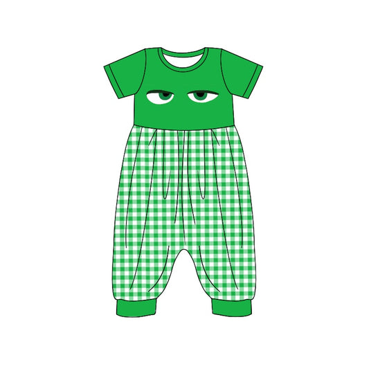 (Custom Design Preorder MOQ 5) Cartoon Figure Inside Out Green Plaid Print Girls Jumpsuits Baby Romper