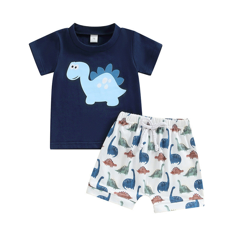 (Custom Design Preorder MOQ 5) Dino Print Boys Summer Clothes Set