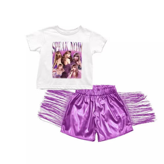 (Custom Design Preorder MOQ 5) Singer Swiftie Top Purple Tassels Leather Shorts Girls Summer Clothes Set