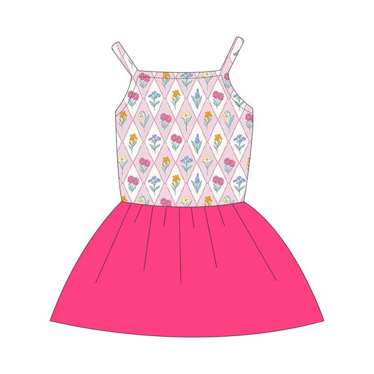 (Custom Design Preorder MOQ 5) Colorful Flowers Print Girls Summer Pink Knee Length Dress