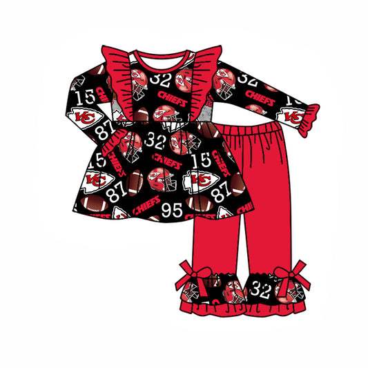 (Custom Design Preorder MOQ 5) Team's KC Black Tunic Top Red Ruffle Pants Girls Fall Clothes Set