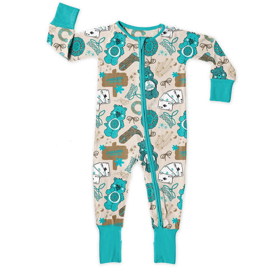 (Custom Design Preorder MOQ 5) Cartoon Bear Turquoise Print Baby Fall Western Sleeper Zipper Romper