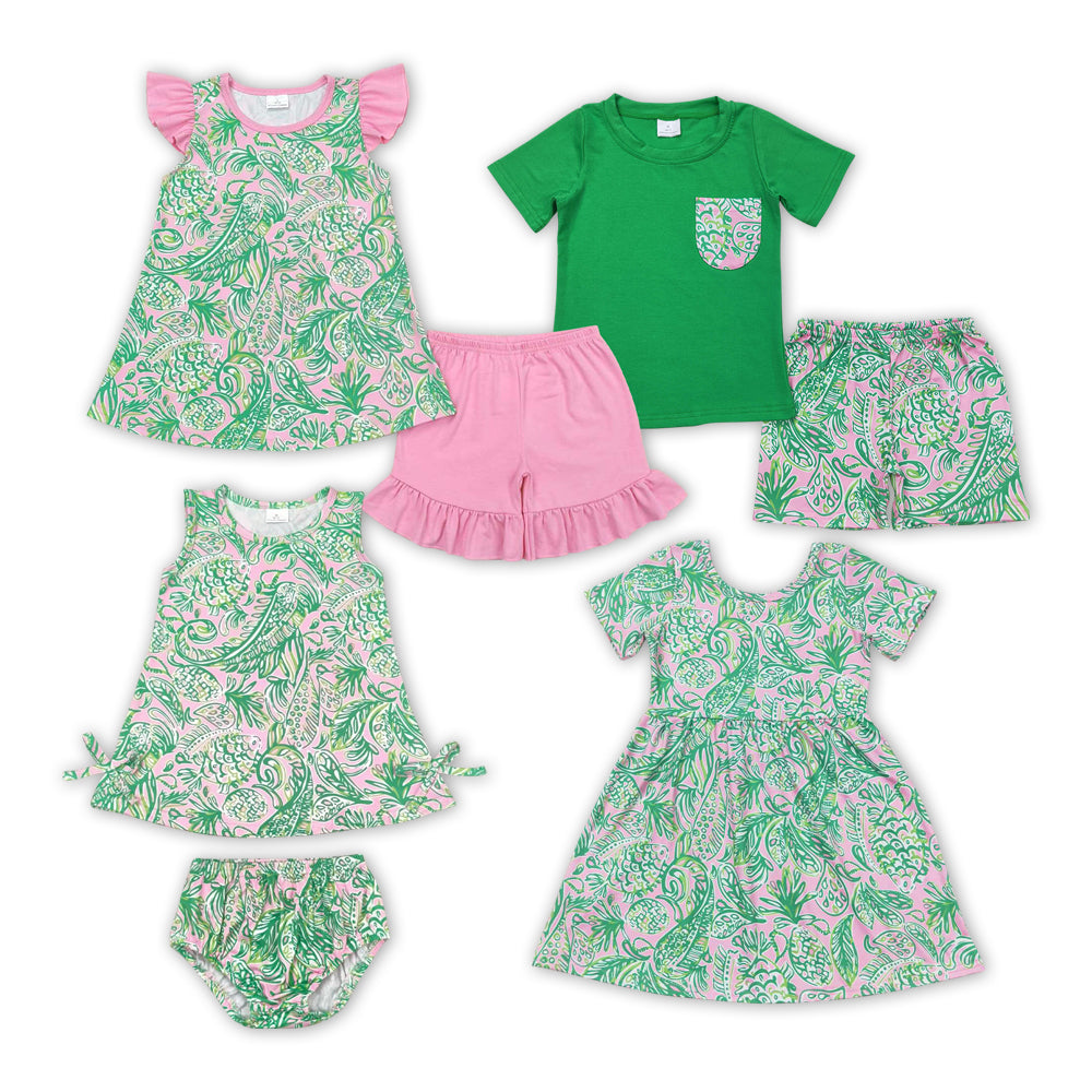 Green Water Flowers Seaweed Print Sibling Summer Matching Clothes