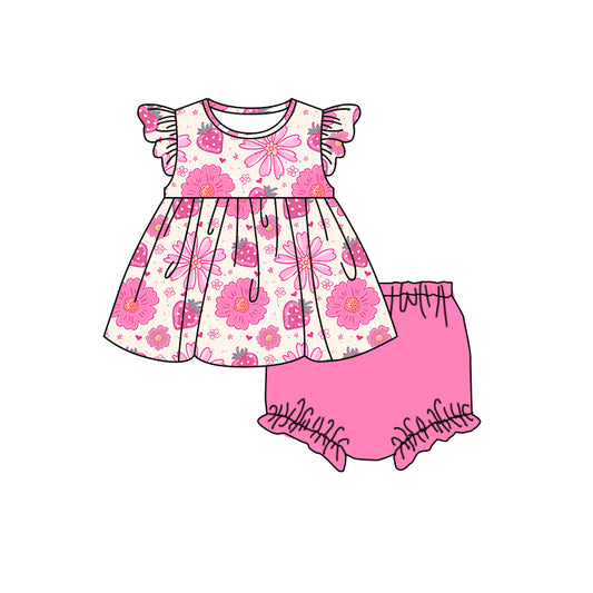 (Custom Design MOQ 5)  Strawberry Flowers Print Baby Girls Summer Bummie Sets