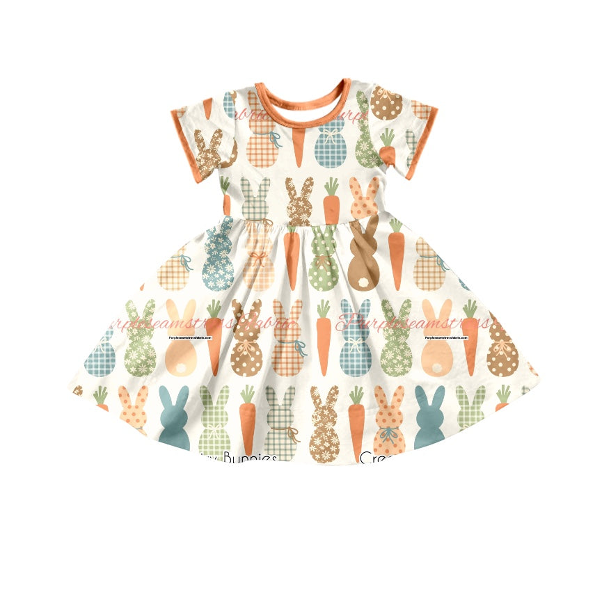 (Custom Design Preorder MOQ 5) Bunny Carrot Girls Knee Length Easter Dress