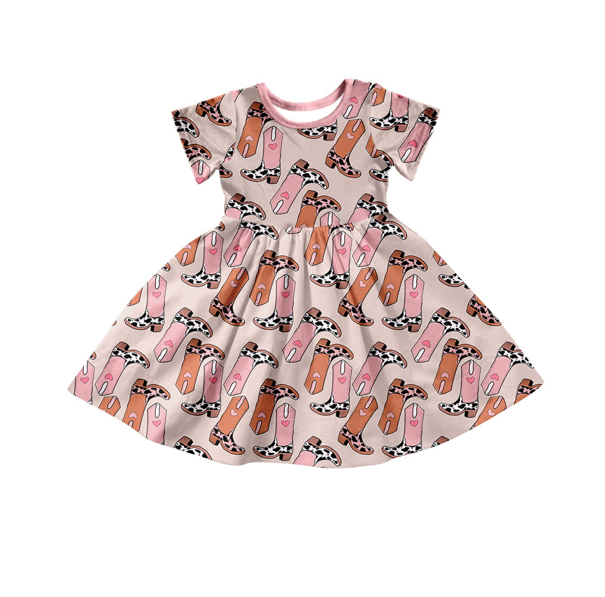 (Custom Design Preorder MOQ 5) Pink Boots Print Girls Knee Length Dress