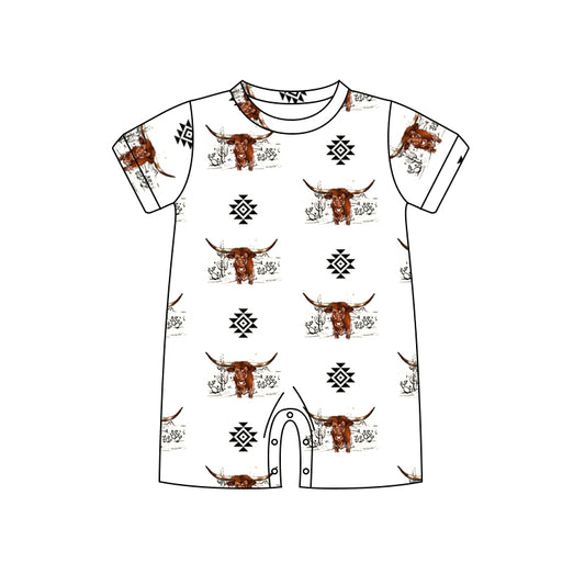 (Custom Design Preorder MOQ 5) Highland Cow Aztec Print Baby Boys Summer Western Romper
