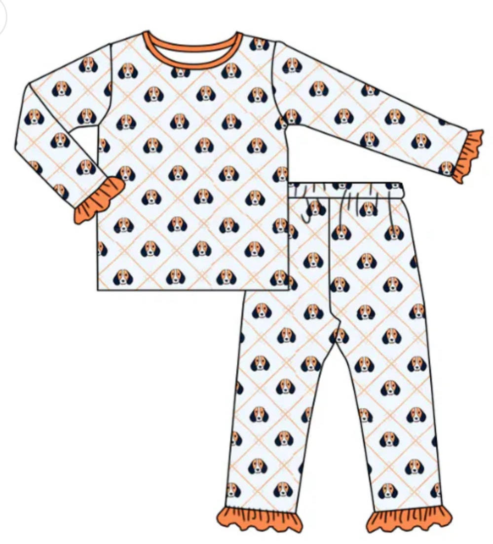 (Custom Design Preorder MOQ 5) Team's Tennessee Dog Print Girls Fall Pajamas Clothes Set