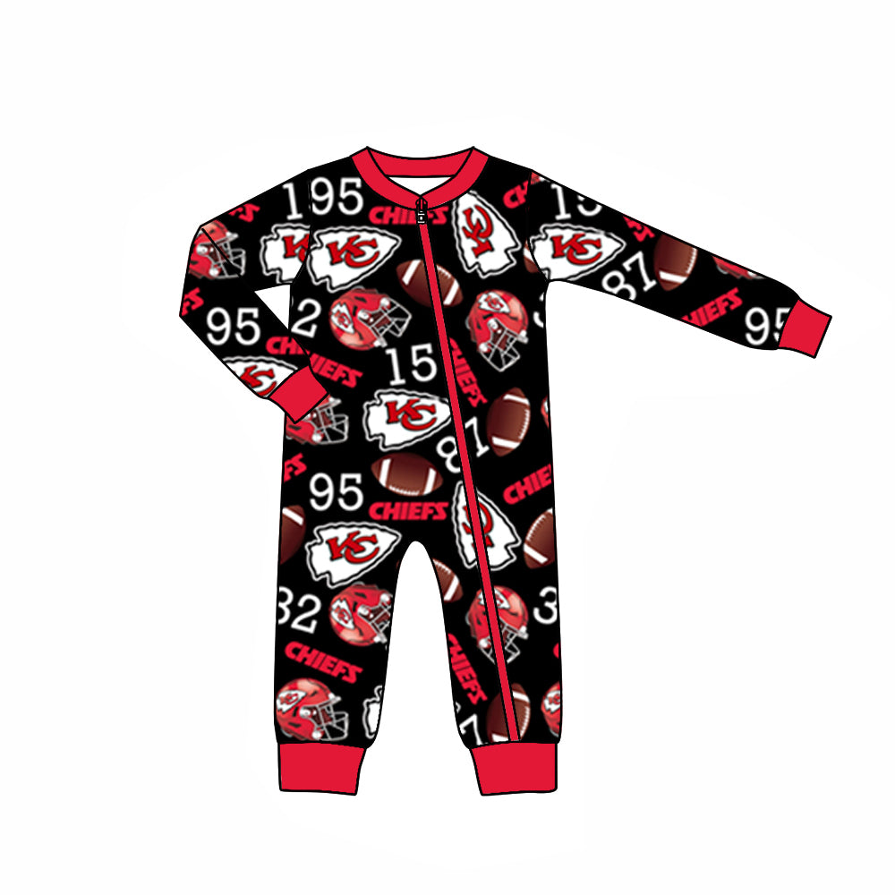 (Custom Design Preorder MOQ 5)  Team's KC Black Print Baby Boys Fall Sleeper Zipper Romper