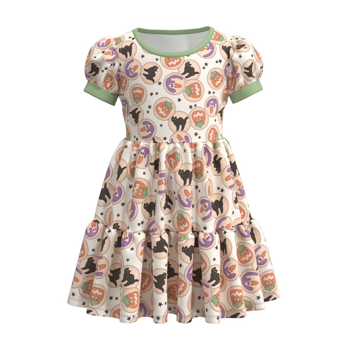 (Custom Design Preorder MOQ 5) Pumpkin Cat Print Girls Knee Length Halloween Dress