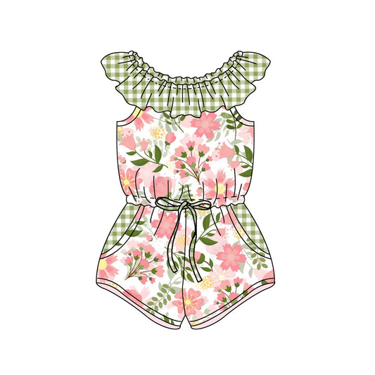 (Custom Design Preorder MOQ 5) Green Flowers Print Pockets Girls Summer Jumpsuits