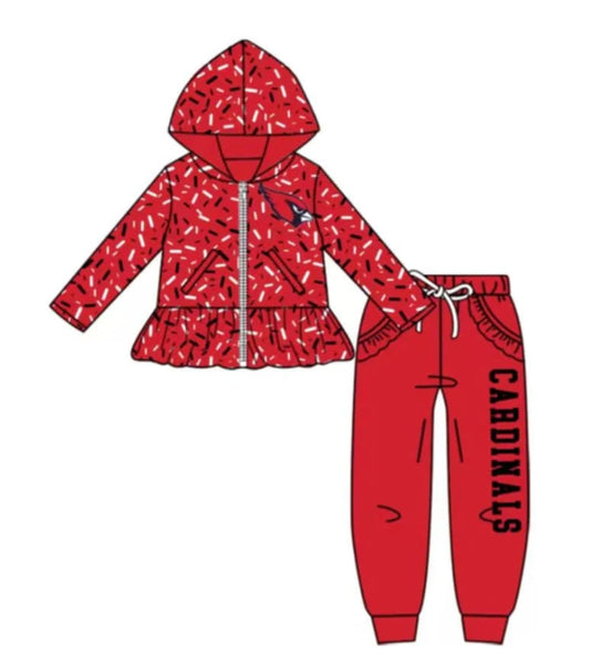 (Custom Design Preorder MOQ 5) Team's Cardinals Zipper Hoodie Top Pockets Pants Girls Fall Clothes Set