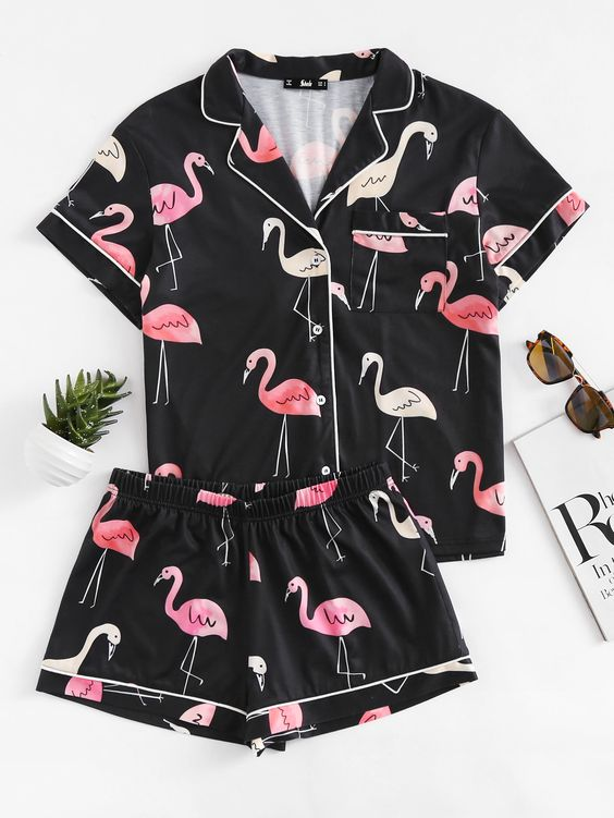 (Custom Design Preorder MOQ 5)  Flamingo Print Girl Summer Pajamas Clothes Set