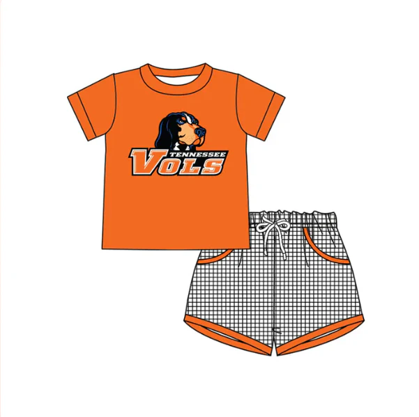 (Custom Design Preorder MOQ 5) Team's Tennessee Vols Top Plaid Shorts Boys Summer Clothes Set