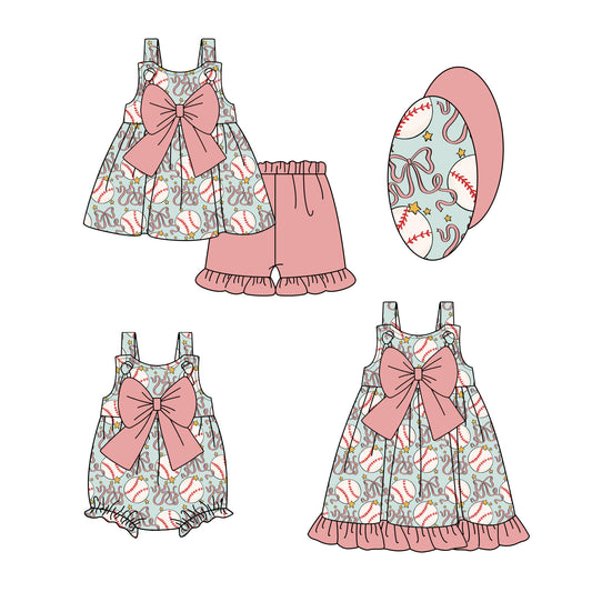 12.4 (Custom Design Preorder MOQ 5 Each Design) Baseball Bows Print Girls Summer Matching Clothes Sisters Wear