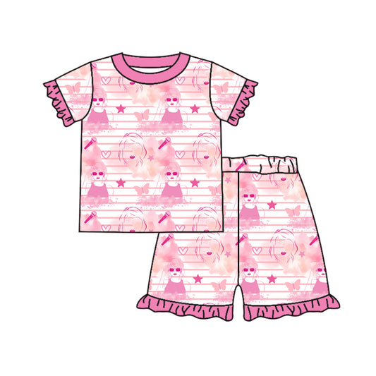 (Custom Design Preorder MOQ 5) Pink Singer Swiftie Print Girls Summer Pajamas Clothes Set