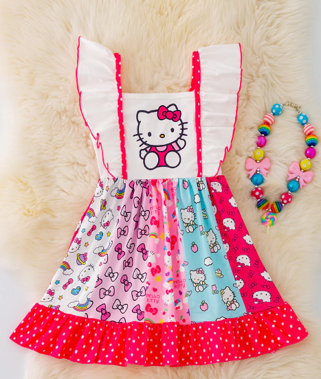 (Custom Design Preorder MOQ 5) Cartoon Cat Print Girls Knee Length Summer Dress