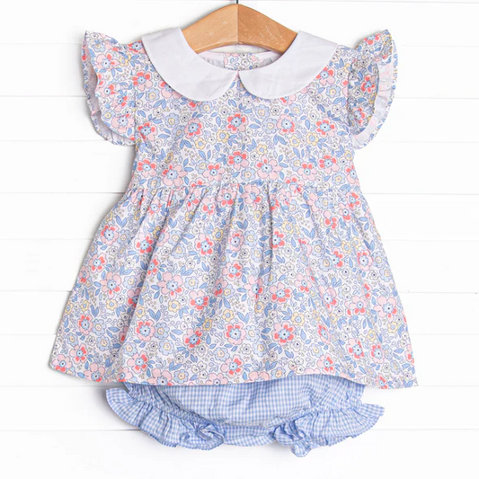(Custom Design Preorder MOQ 5) Flowers Top Blue Plaid Shorts Baby Girls Summer Bummie Set