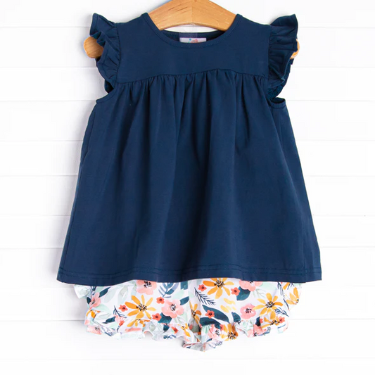 (Custom Design Preorder MOQ 5)  Navy Tunic Top Flowers Ruffles Pants Girls Summer Clothes Set
