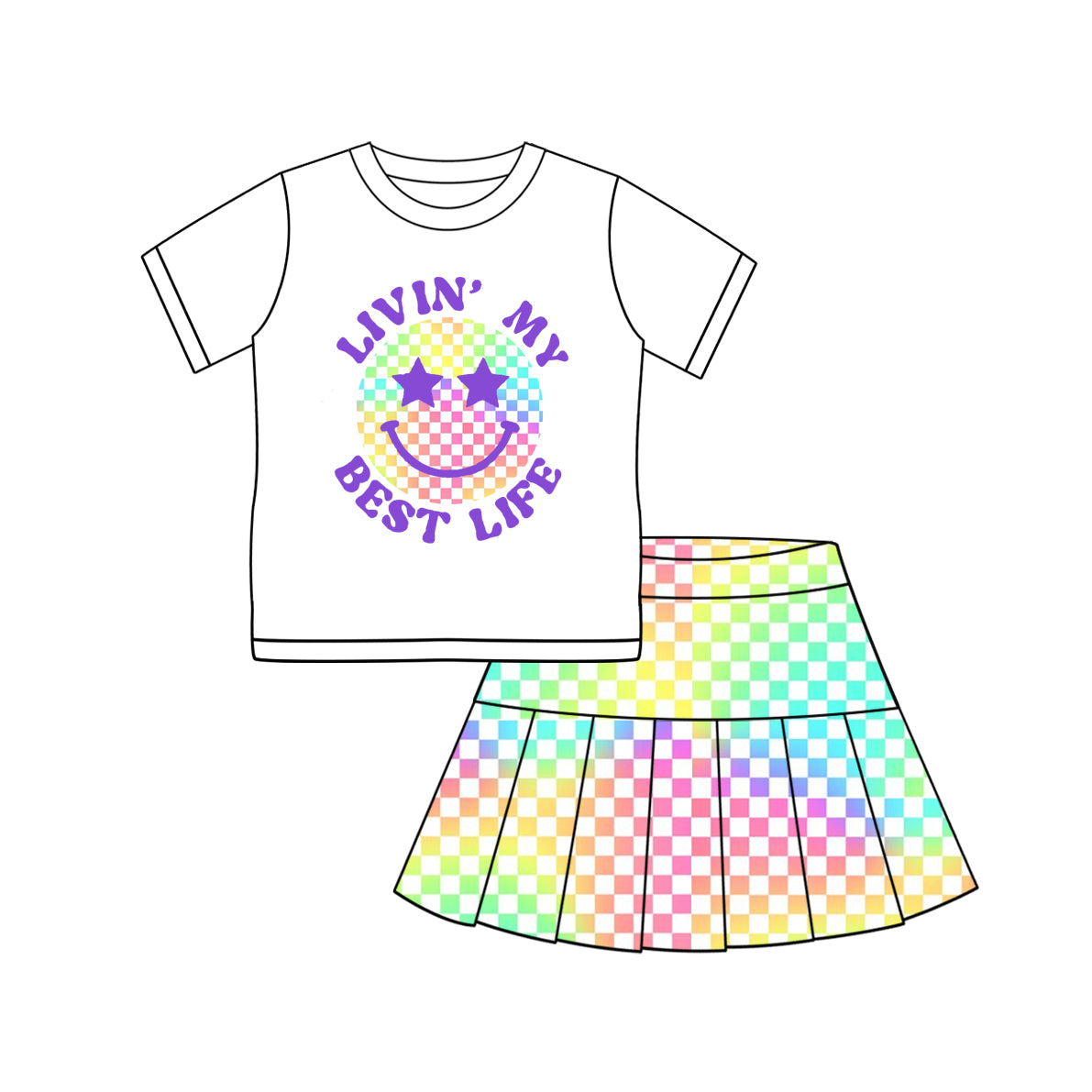 3.7(Custom Design Preorder MOQ 5 Each Design) Smiling Face Top Colorful Plaid Shorts Skirts Girls Summer Matching Clothes Sisters Wear