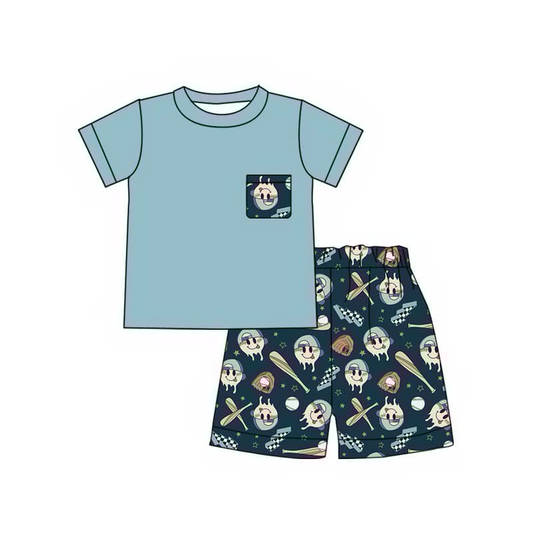 (Custom Design Preorder MOQ 5) Blue Pocket Top Baseball Shorts Boys Summer Clothes Set