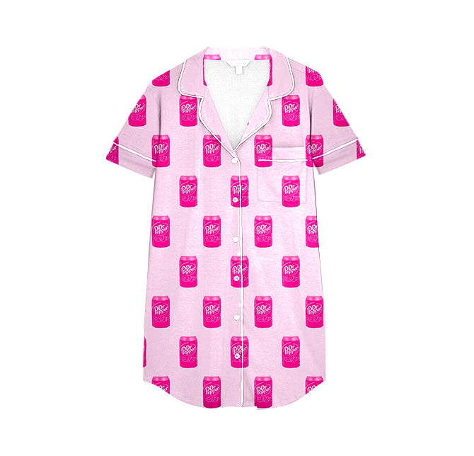 (Custom Design Preorder MOQ 5)  Adult Drinks Hotpink Print Fall Buttons Pajamas Top Woman Nightgown