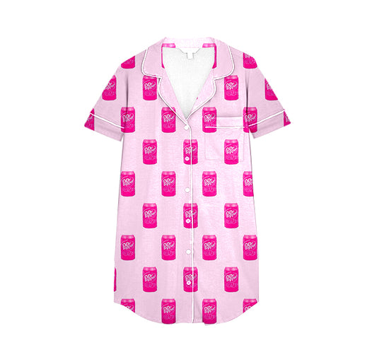 (Custom Design Preorder MOQ 5)  Adult Drinks Hotpink Print Fall Buttons Pajamas Top Woman Nightgown