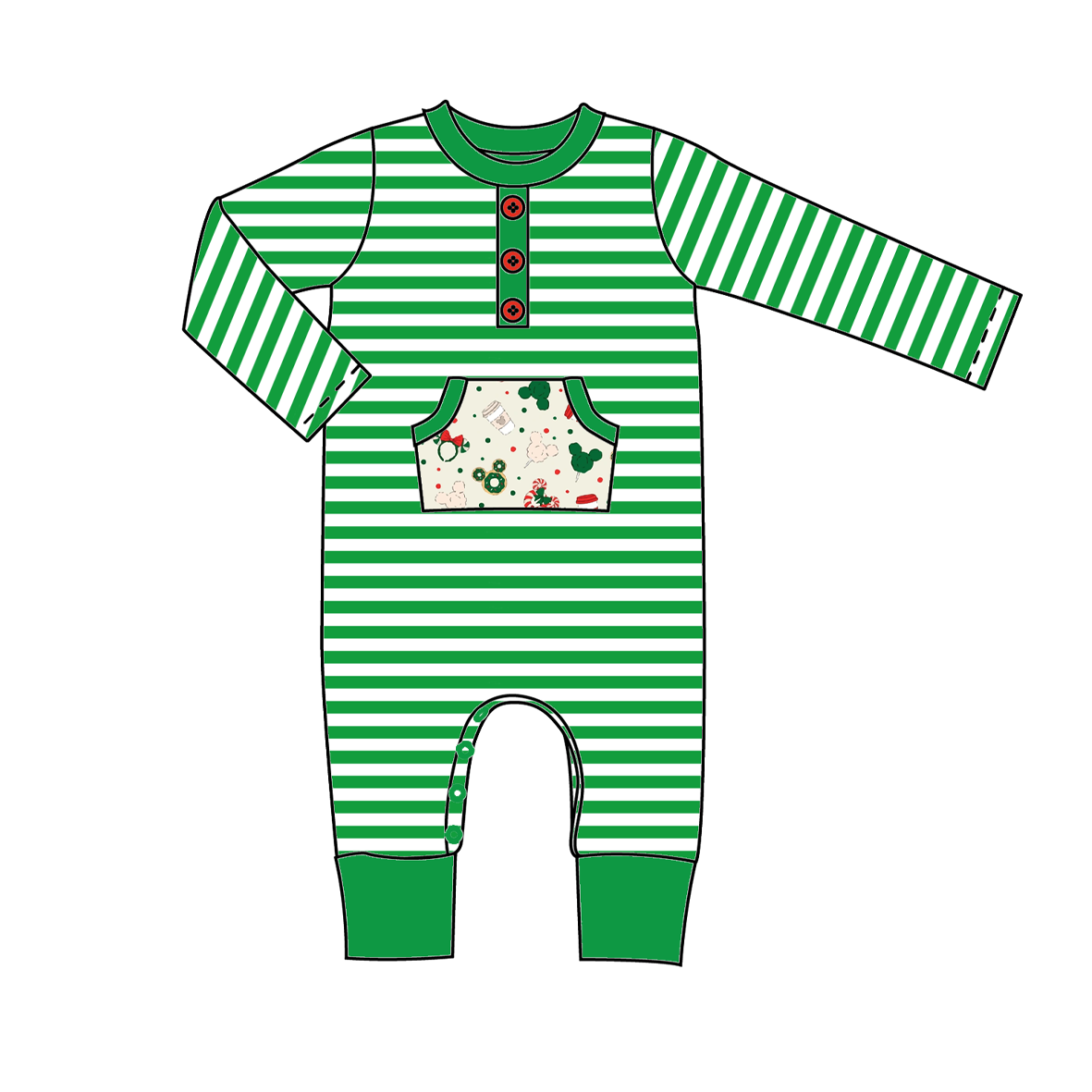 (Custom Design Preorder MOQ 5) Green Stripes Print Pocket Baby Boys Christmas Romper