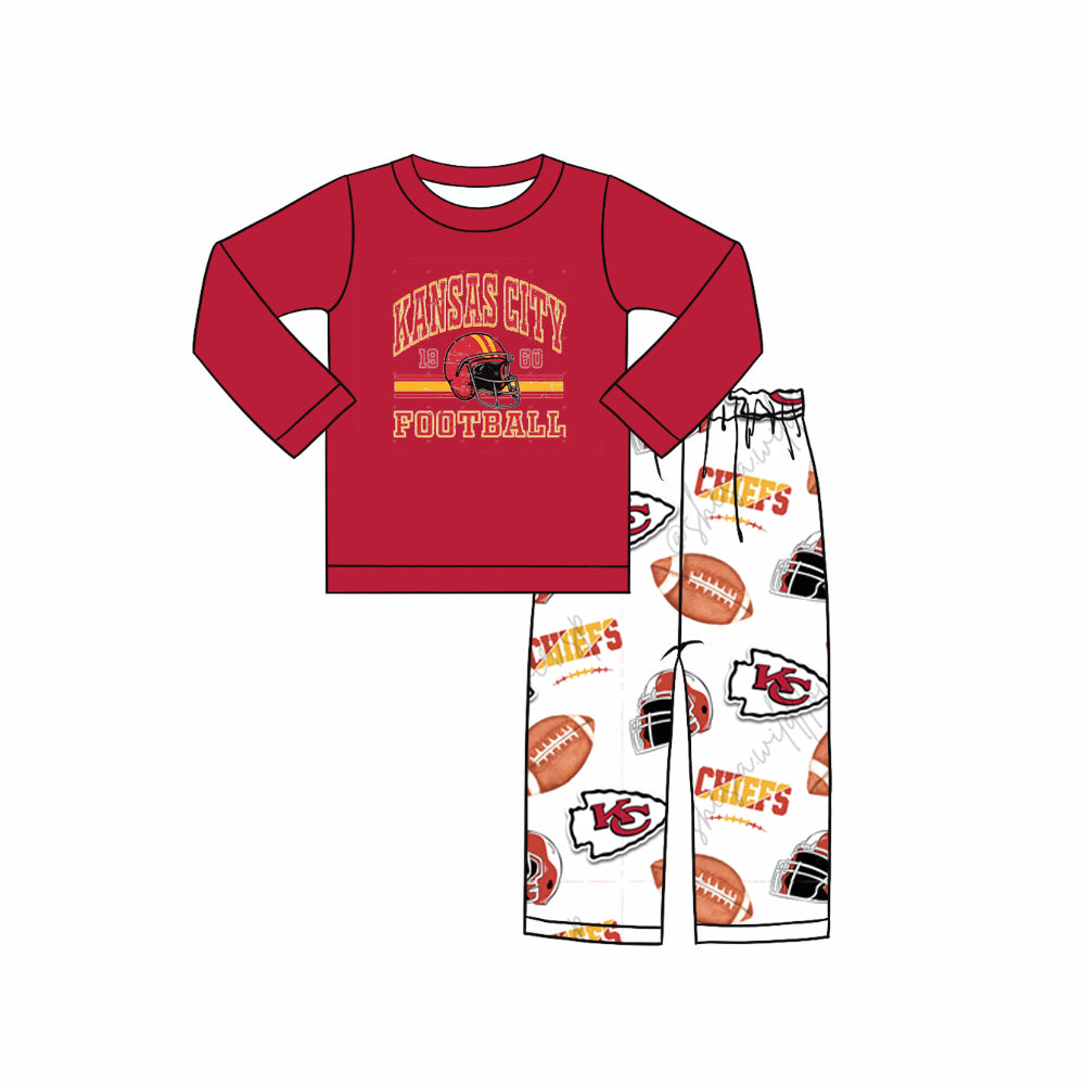 (Custom Design Preorder MOQ 5) Team's KC Football Red Top White Pants Boys Fall Clothes Set