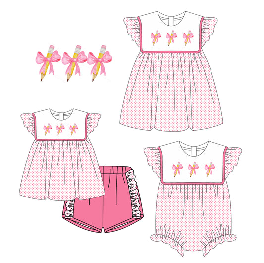 3.6(Custom Design Preorder MOQ 5 Each Design) Pen Bows Print Girls Back to School Matching Clothes Sisters Wear