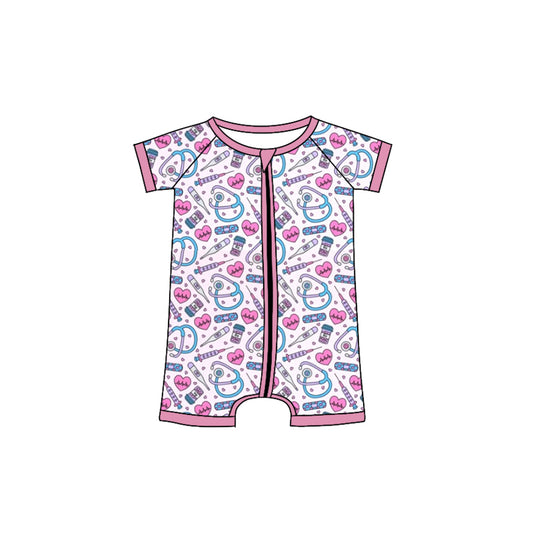 (Custom Design Preorder MOQ 5)  Doctor Print Baby Summer Zipper Sleeper Romper