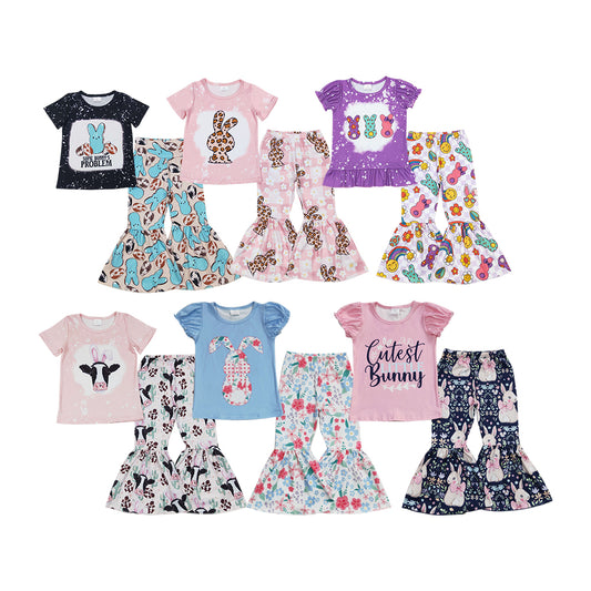 Bunny Flowers Print Girls Easter Clothes Set Sisters Outfits