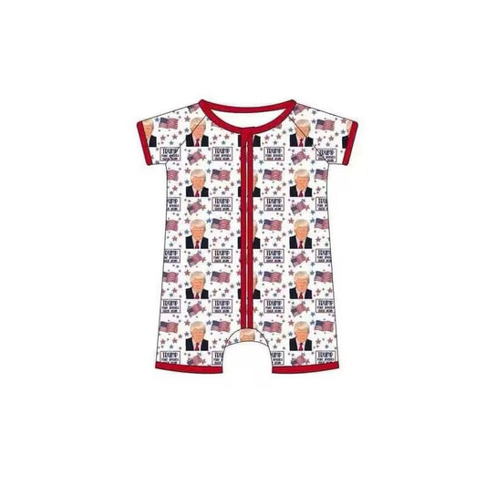 (Custom Design Preorder MOQ 5) TRUMP Flags Print Baby Summer Sleeper Zipper Romper