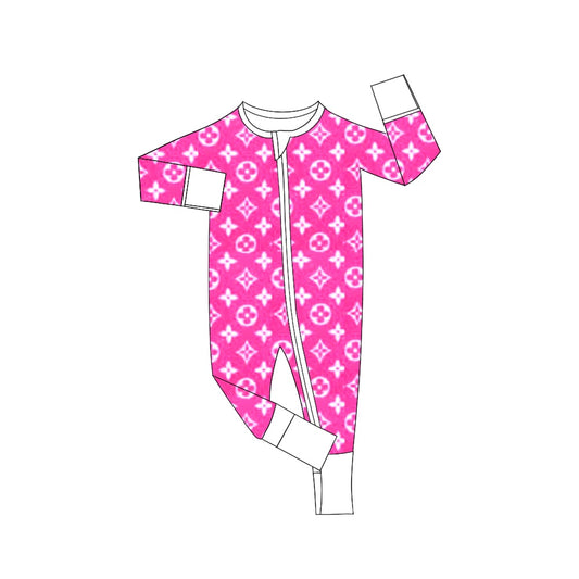 (Custom Design Preorder MOQ 5)  Pink Flowers Print Baby Girls Bamboo Fall Sleeper Zipper Romper