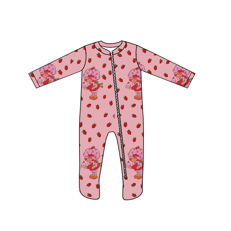 (Custom Design Preorder MOQ 5) Strawberry Print Baby Girls Bamboo Sleeper Zipper Romper