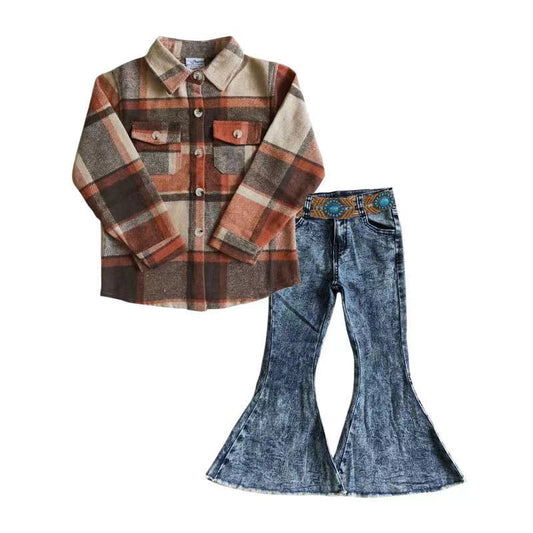 BT0061+P0008+GB0001 Orange Plaid Pockets Shirts Top Denim Bell Jeans Turquoise Chains Belt Girls Fall 3 Pieces Clothes Sets