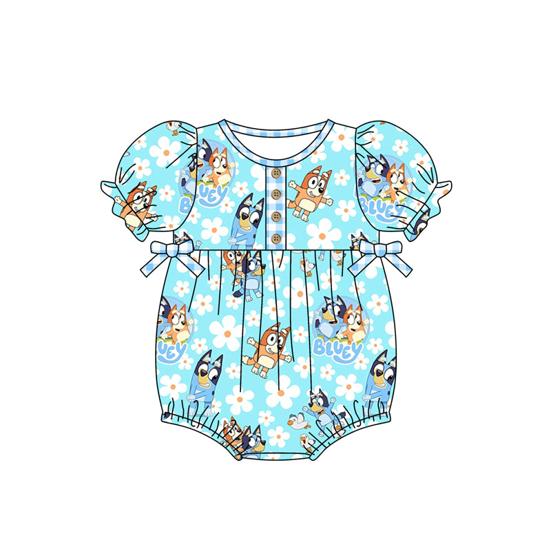 (Custom Design Preorder MOQ 5)  Blue Cartoon Dog Flowers Print Baby Girls Summer Romper