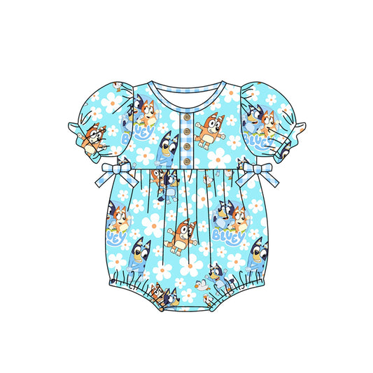 (Custom Design Preorder MOQ 5)  Blue Cartoon Dog Flowers Print Baby Girls Summer Romper