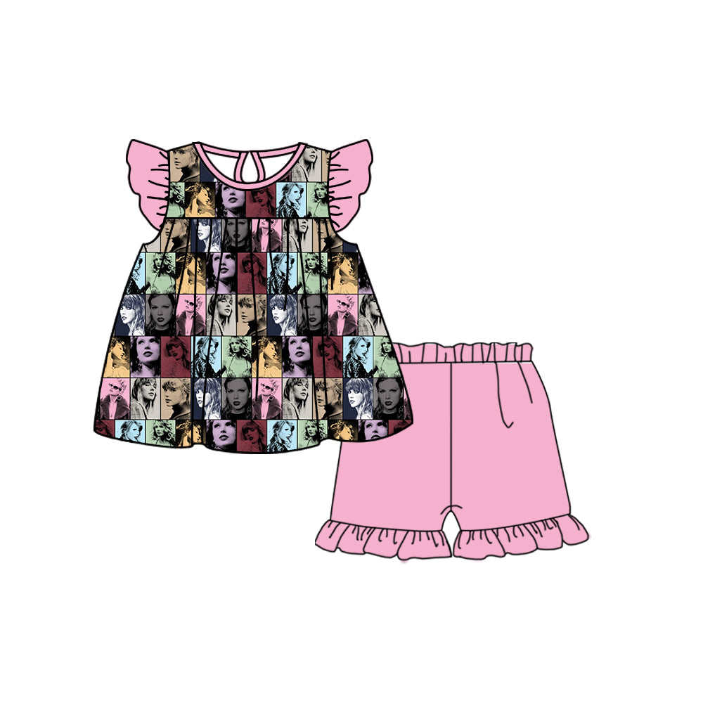 (Custom Design Preorder MOQ 5) Singer Swiftie Top Pink Shorts Girls Summer Clothes Set