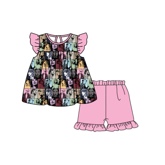 (Custom Design Preorder MOQ 5) Singer Swiftie Top Pink Shorts Girls Summer Clothes Set