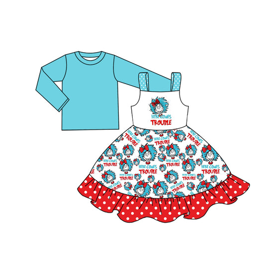 (Custom Design Preorder MOQ 5) Blue Top Dr.Reading Dress Girls 2 Pieces Clothes Set