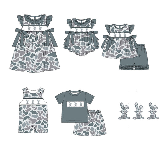1.8(Custom Design Preorder MOQ 5 Each Design) Grey Camo Bunny Print Kids Easter Matching Clothes Sibling Wear