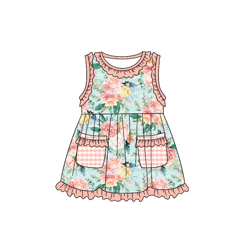 (Custom Design Preorder MOQ 5) Flowers Print Pockets Girls Knee Length Summer Dress