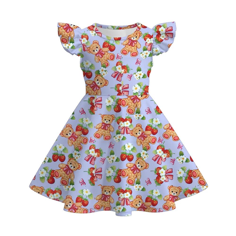 (Custom Design Preorder MOQ 5) Strawberry Bear Print Girls Summer Knee Length Dress