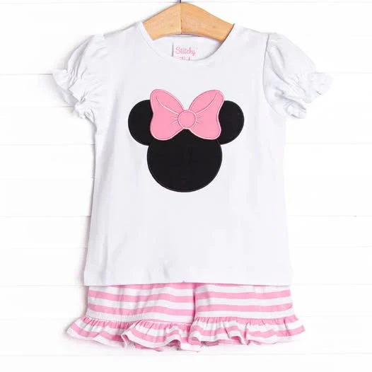 (Custom Design Preorder MOQ 5) Cartoon Mouse Top Stripes Shorts Girls Summer Clothes Set